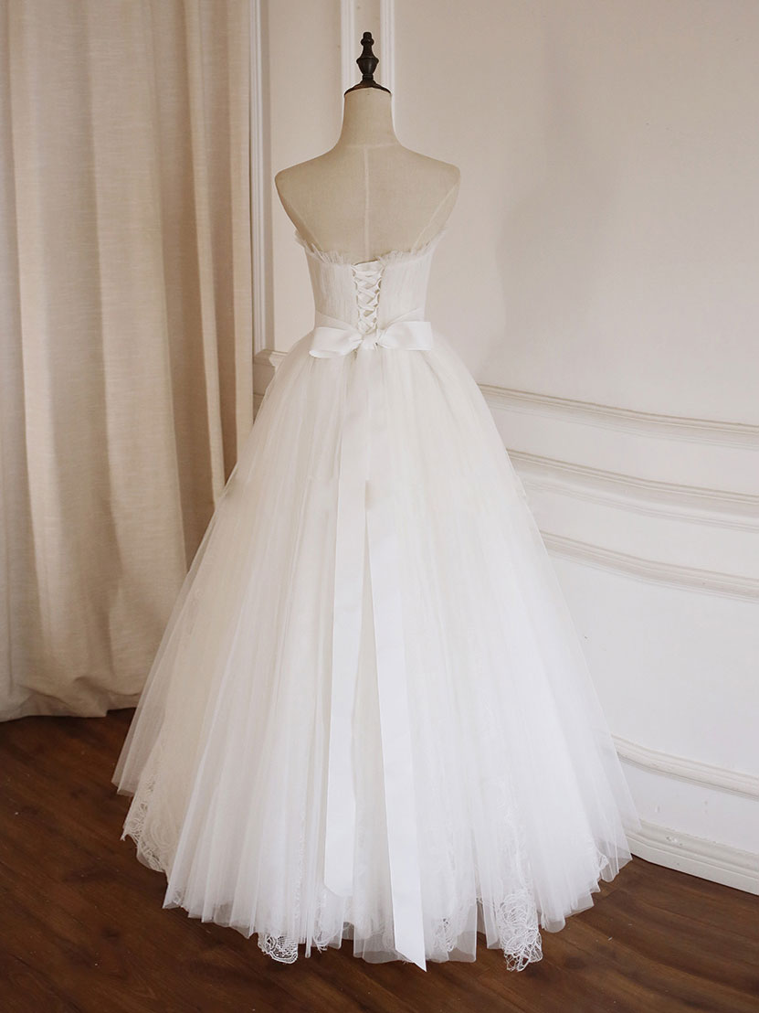 White A-Line Tulle Lace Long Prom Dress Formal Dress Off Shoulder Simple Wedding Dress