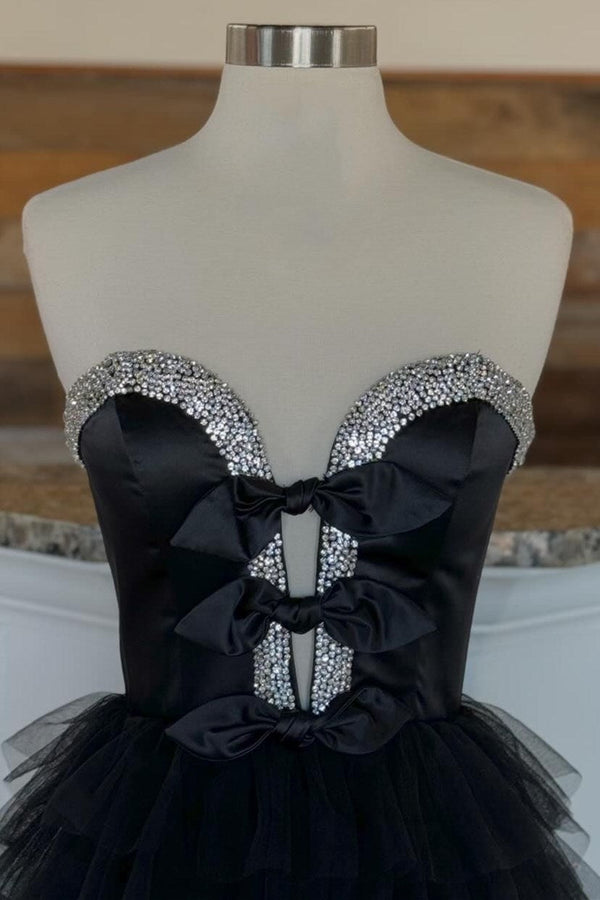 Black A Line Strapless Bow Ruffle Long Prom Dress with Slit Sexy Evening Dress