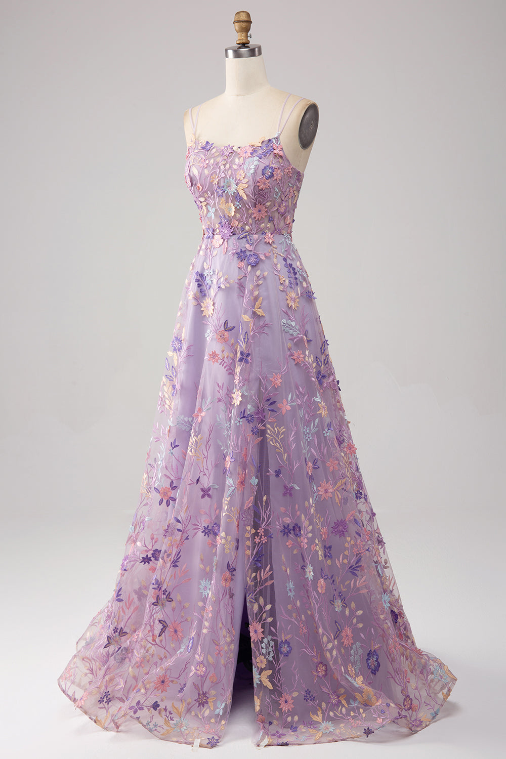 Light Purple A-Line Spaghetti Straps Long Prom Dress with Appliques Charming Evening Party Dress
