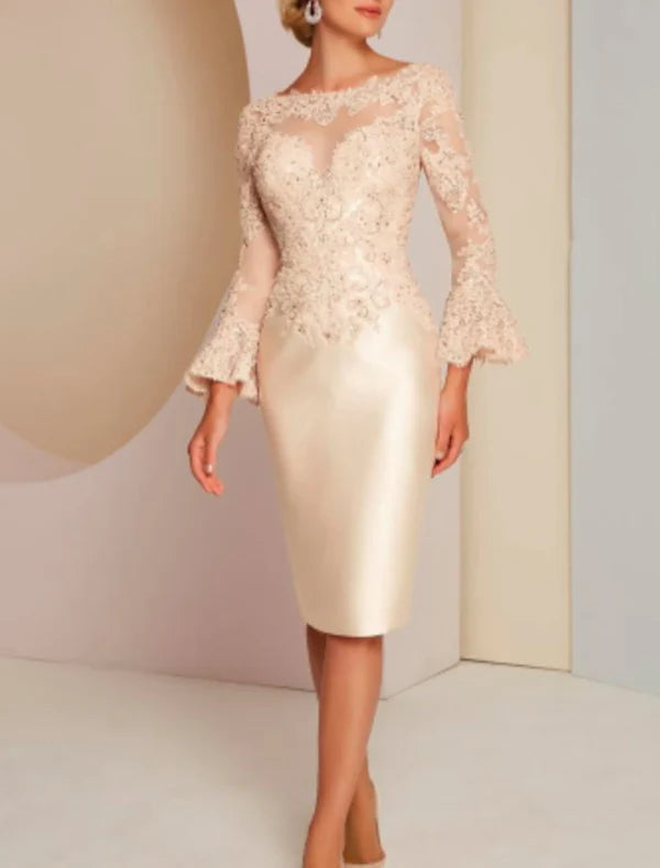 Sheath / Column Mother of the Bride Dress Wedding Guest Elegant Vintage Luxurious Jewel Neck Knee Length Satin Lace Long Sleeve with Beading Appliques Champagne