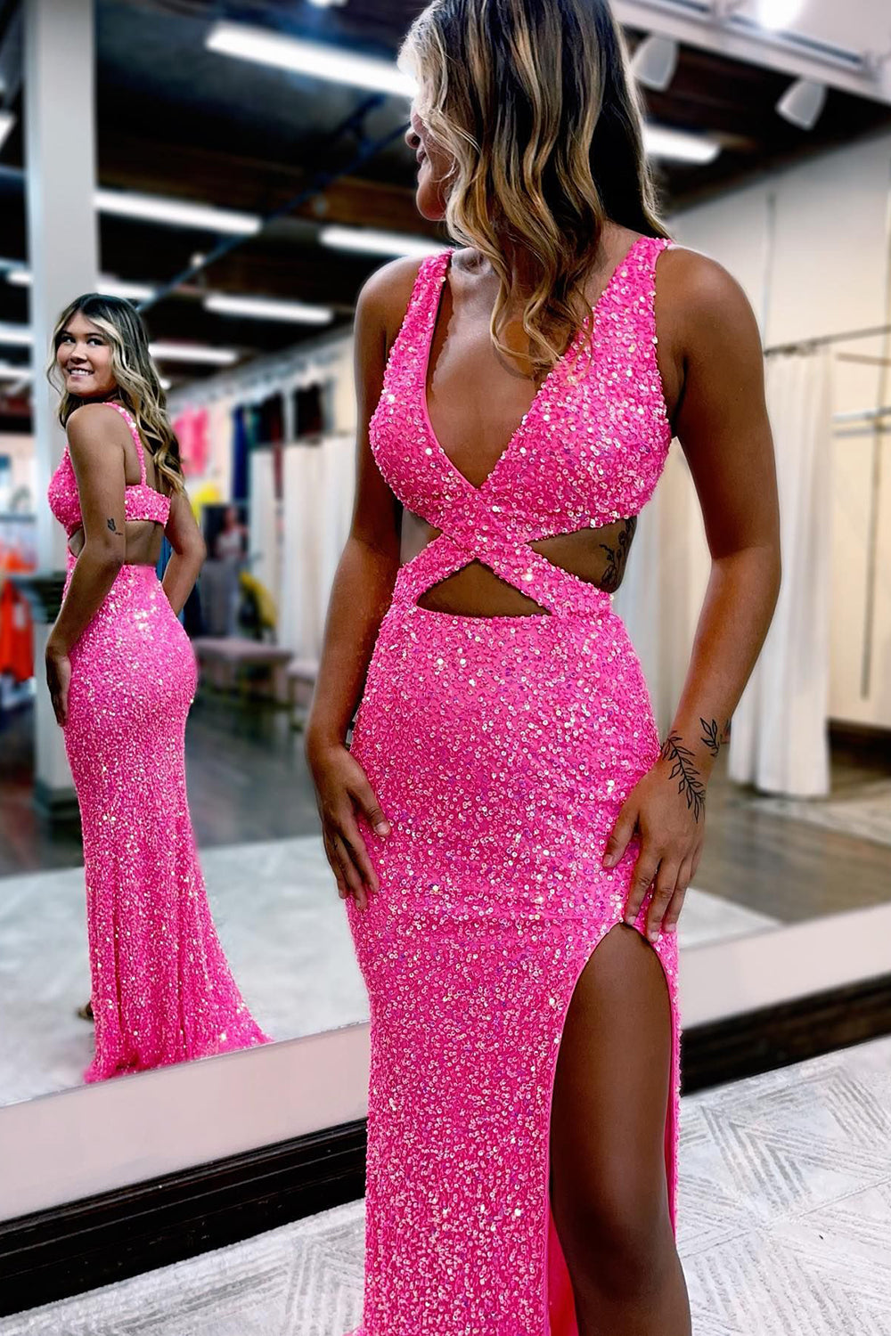 Hot Pink Sequins Hollow-Out Mermaid Prom Dress With Slit Sexy