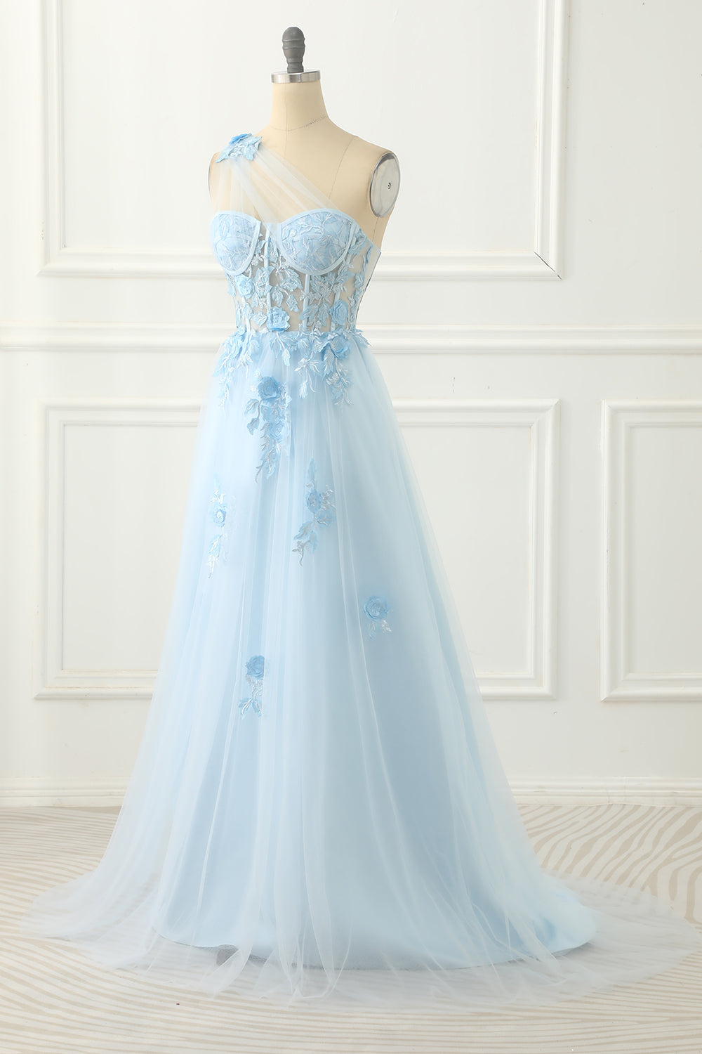 Sky Blue Tulle A-Line One Shoulder Prom Dress With Appliques Beautiful