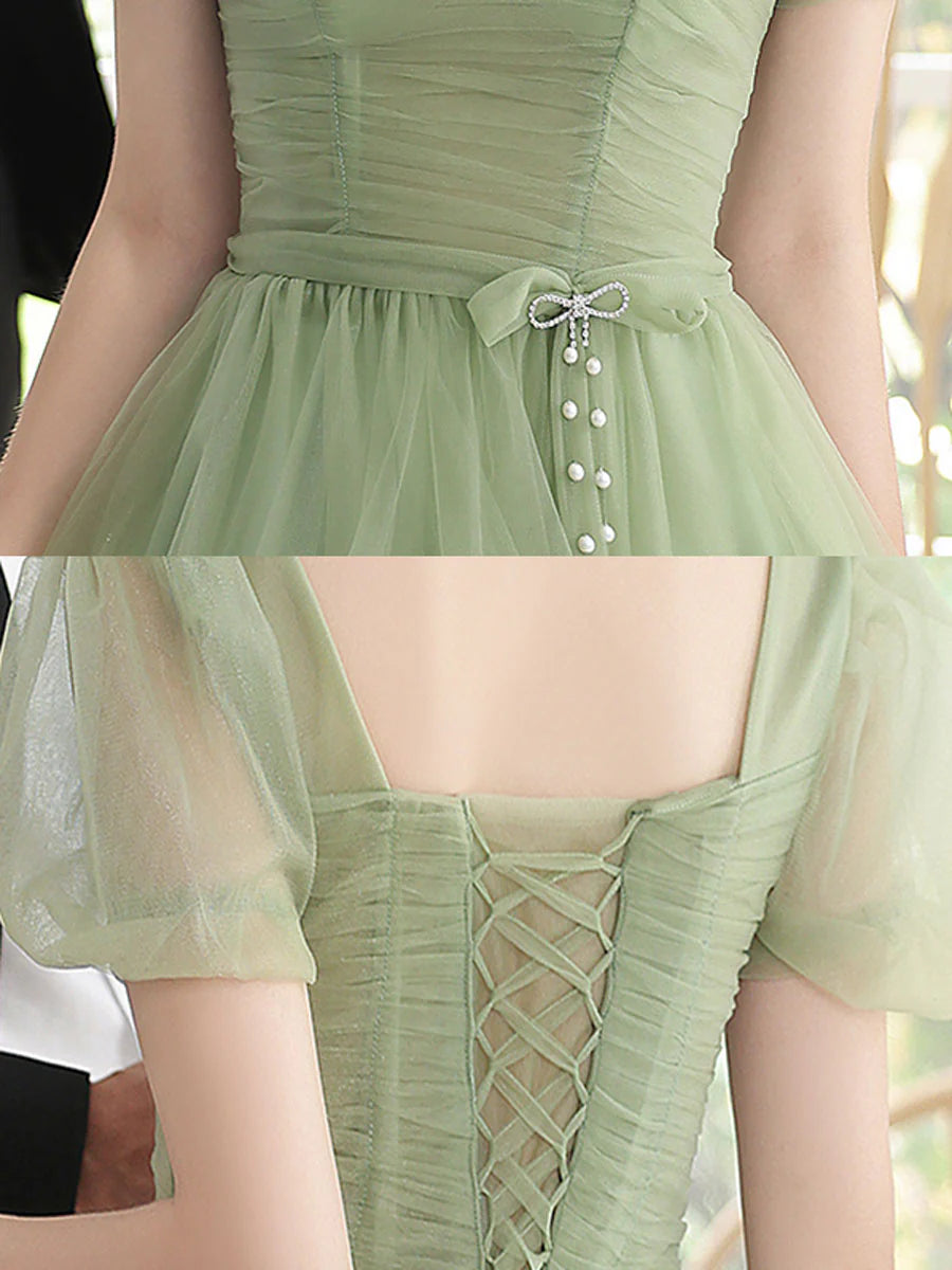 Green Tulle Short Prom Dress Homecoming Dress Short Sleeves Formal Dress Lovely Party Dress
