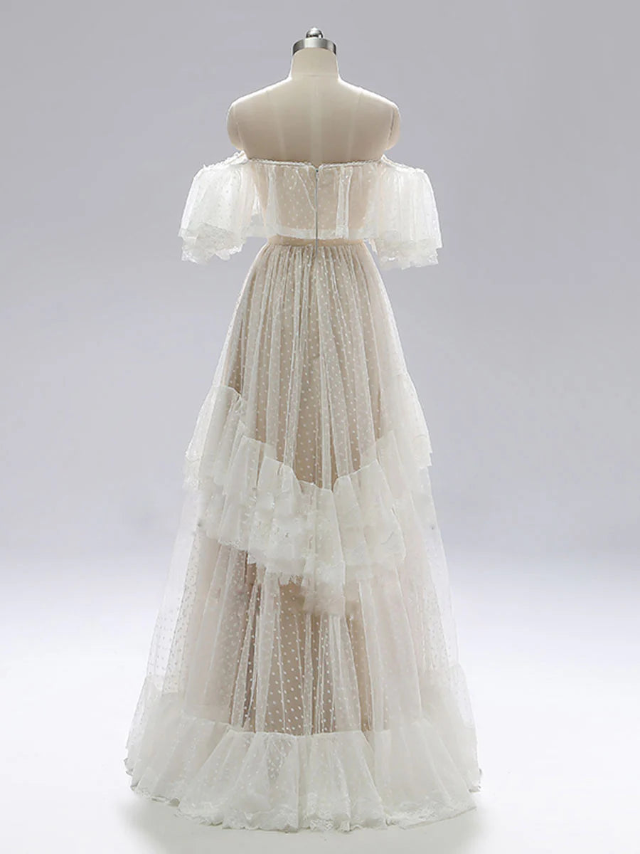 Champagne A line lace long prom dress bridesmaid dress Off Shoulder Formal Dress