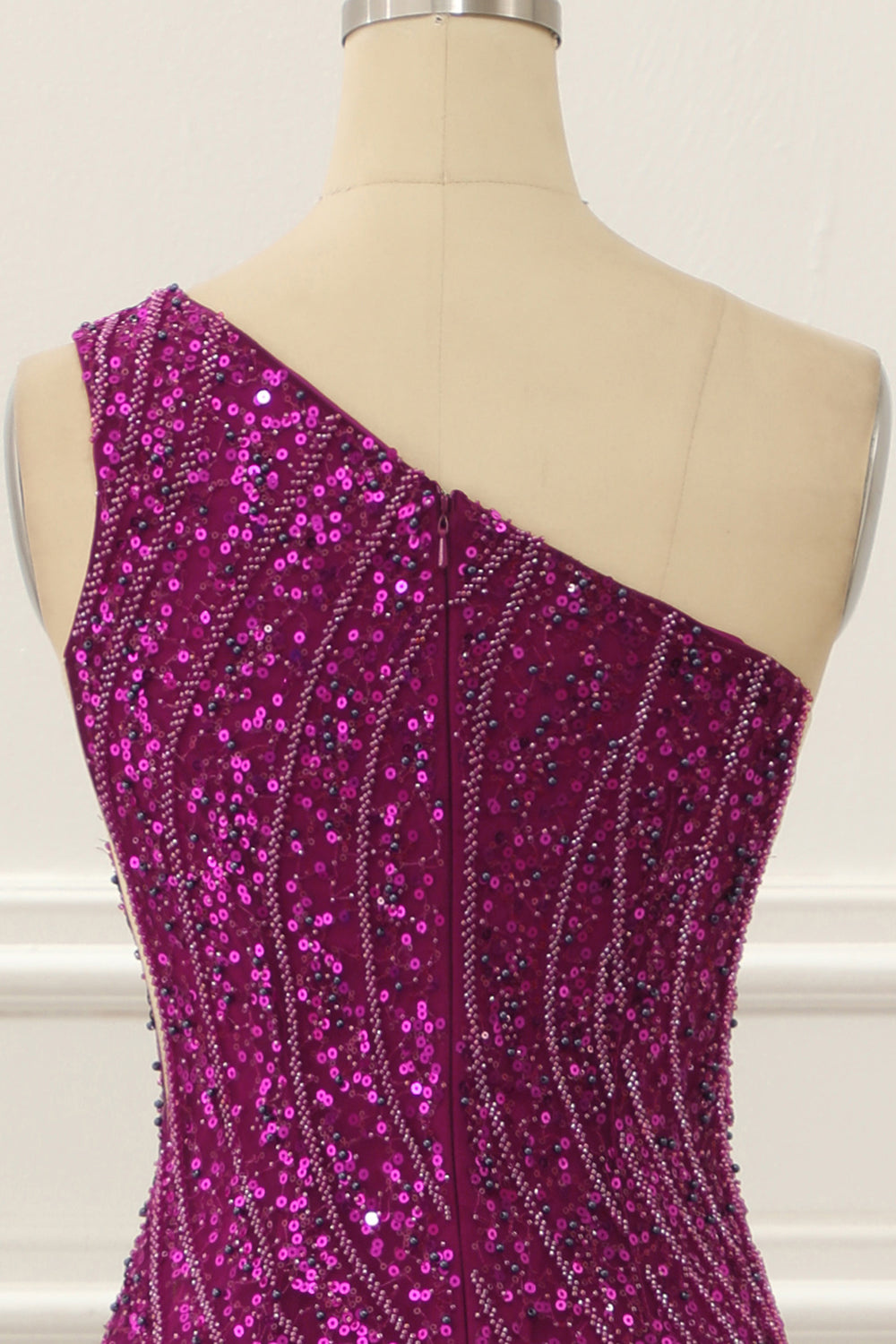 One Shoulder Purple Beaded Prom Dress With Slit Sparkly Evening Dress