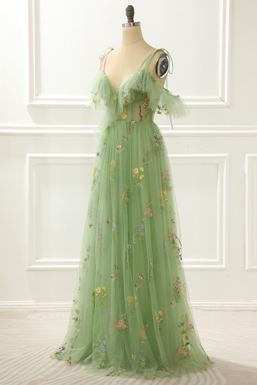 A-Line Embroidery Green Prom Dress With Slit Floor Length Beautiful