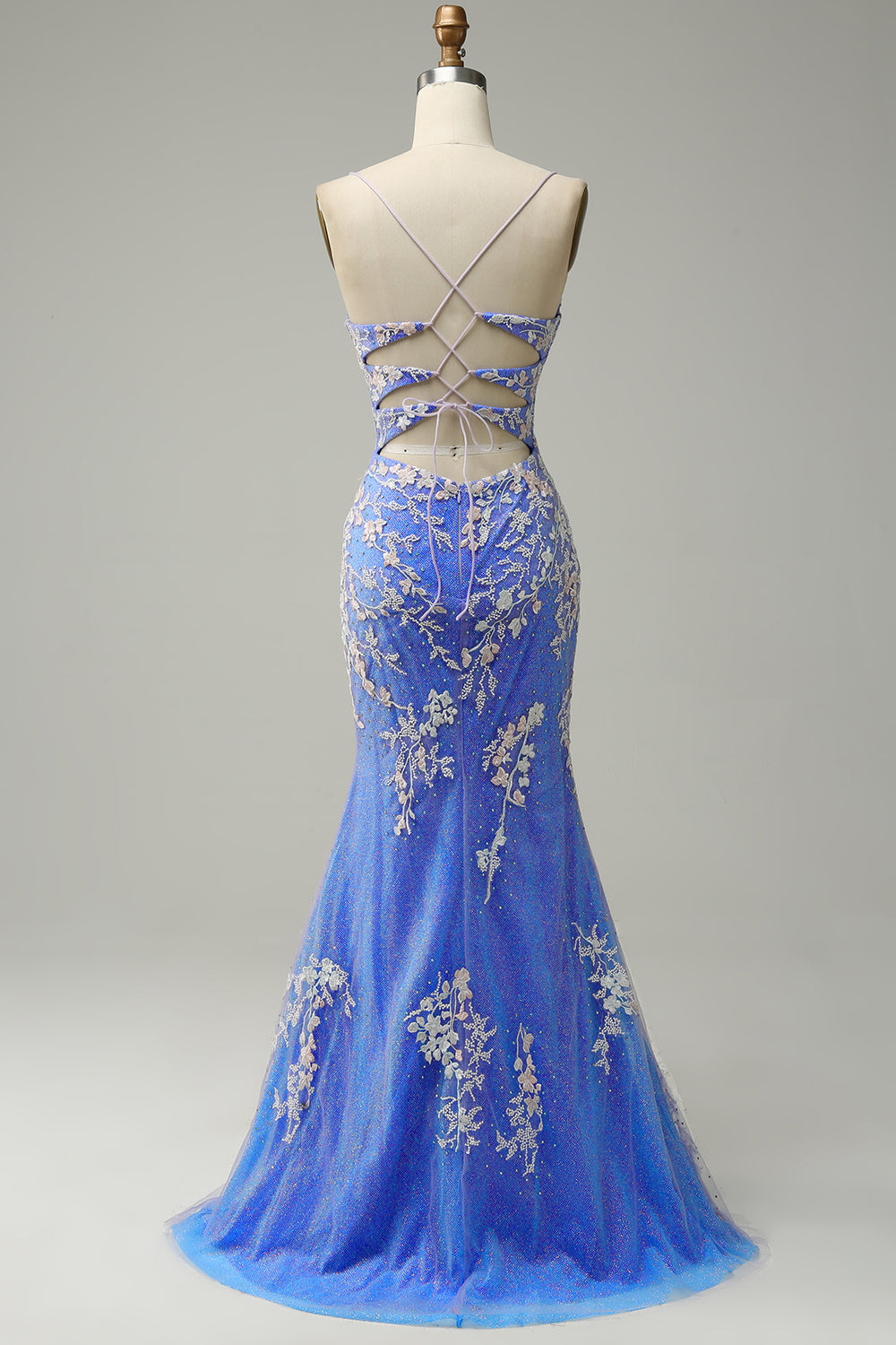 Glitter Blue Mermaid Lace Long Prom Dress with Slit Beautiful