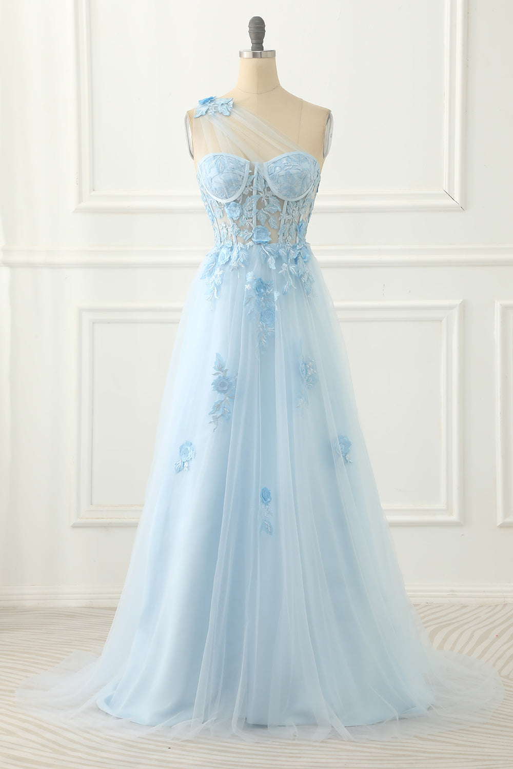 Sky Blue Tulle A-Line One Shoulder Prom Dress With Appliques Beautiful