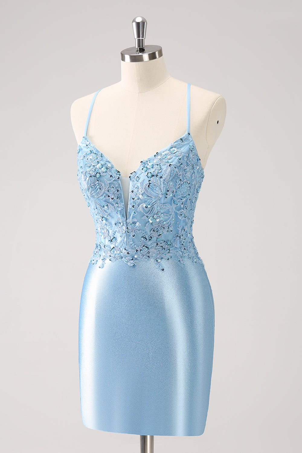Blue Bodycon Lace Up Back Sequin Short Homecoming Dress with Appliques Sexy
