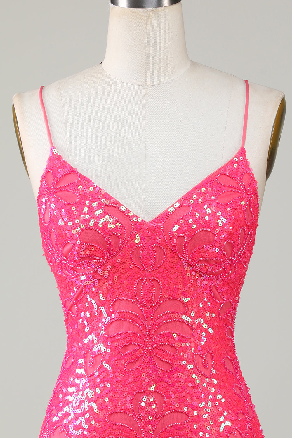 Sparkly Fuchsia Spaghetti Straps Beaded Tight Short Homecoming Dress Sexy
