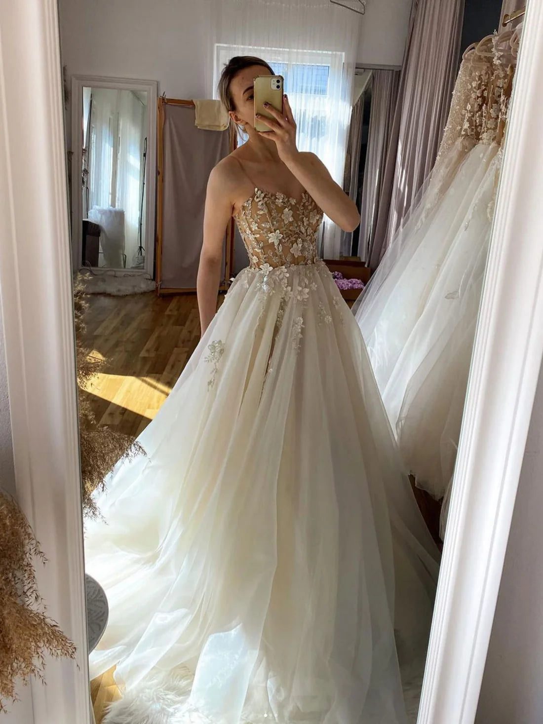 Champagne Aline tulle lace long prom dress evening dress Formal Dress with Appliques