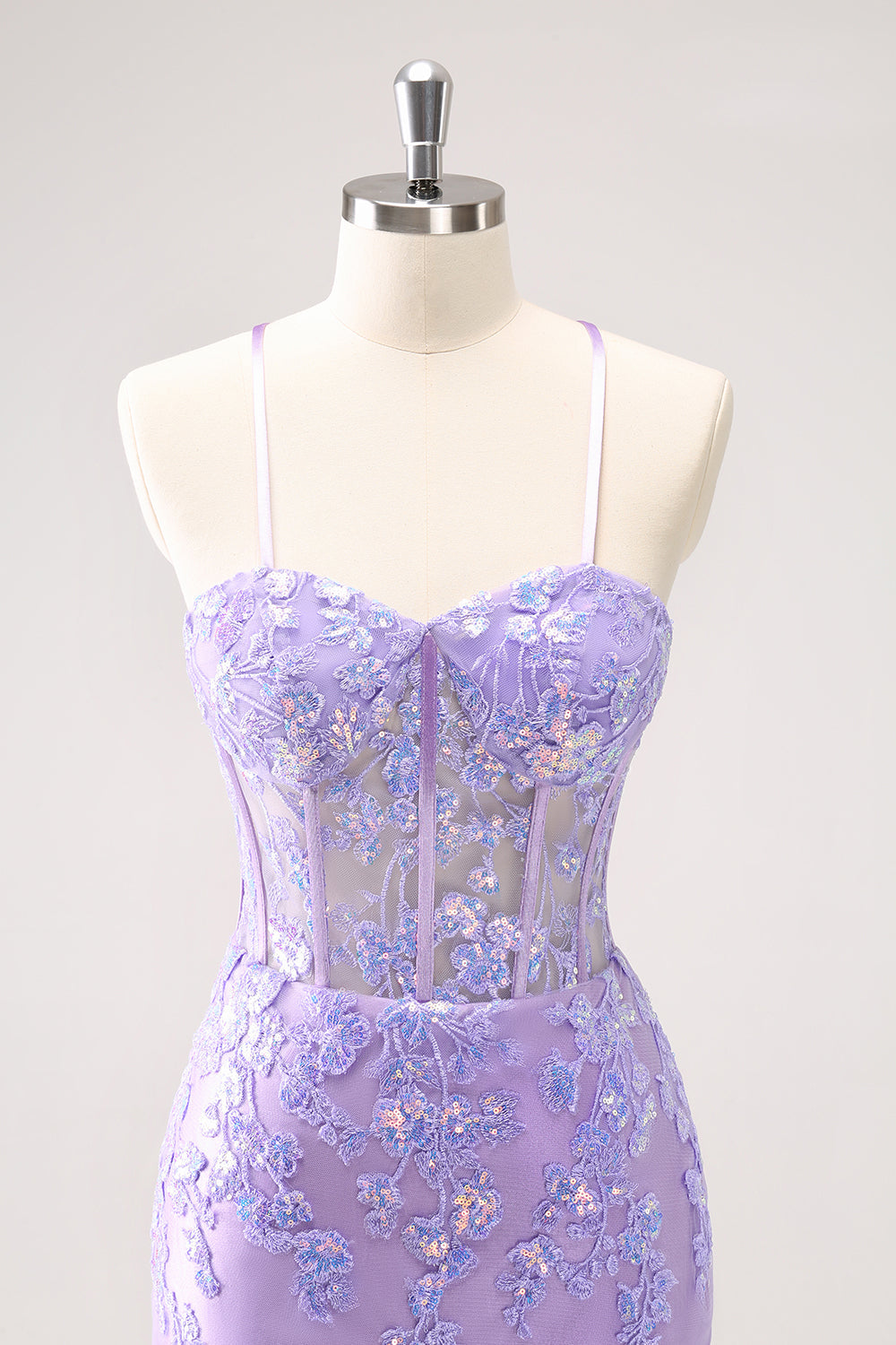 Sparkly Lilac Bodycon Spaghetti Straps Sequin Corset Homecoming Dress with Appliques Beautiful