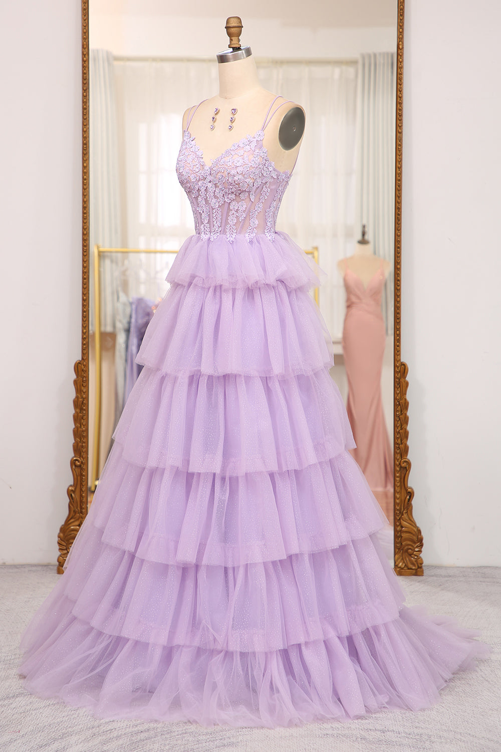 Elegant Lilac A Line Tulle Tiered Long Corset Prom Dress With Appliques Beautiful