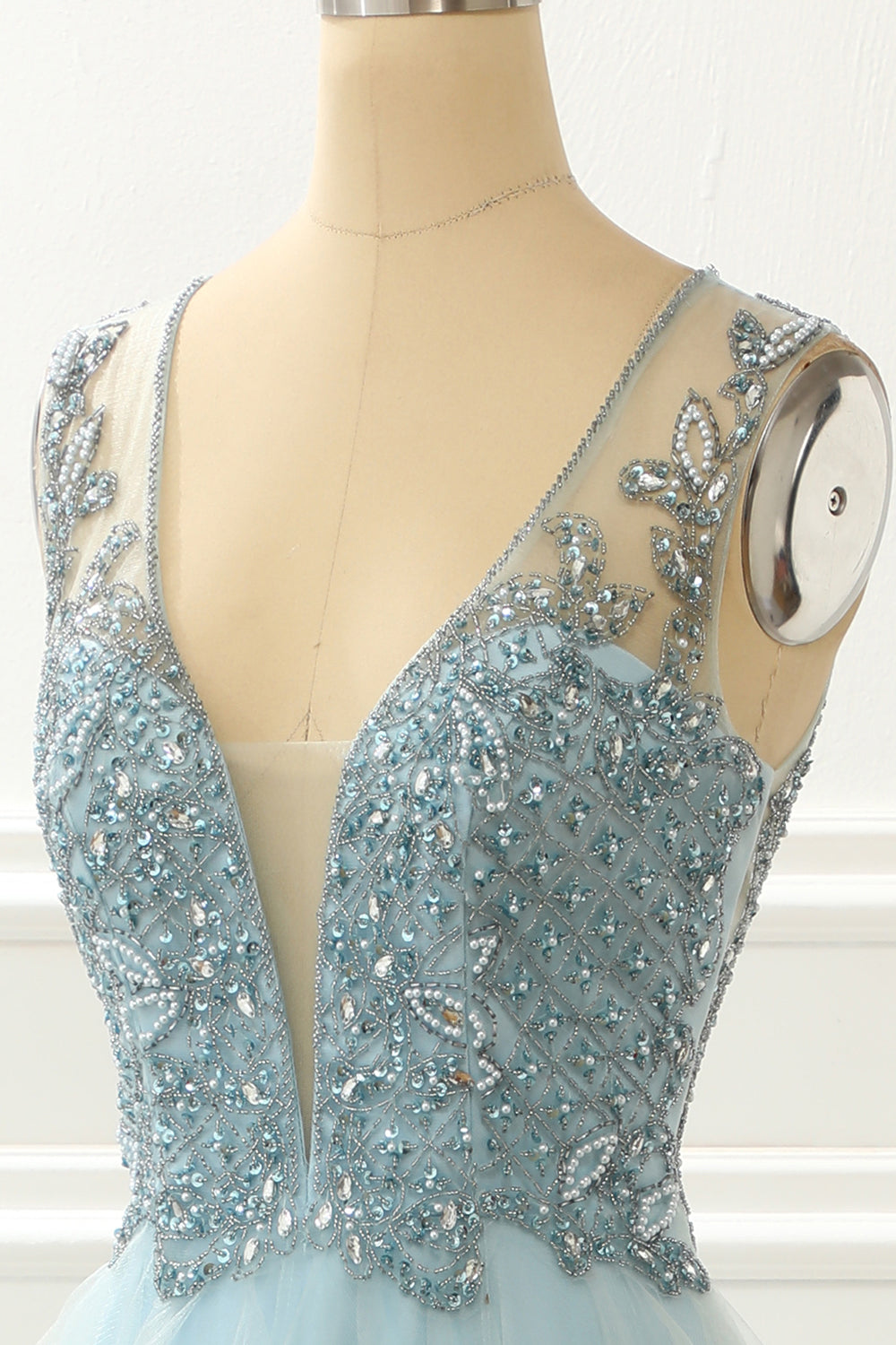 A Line Light Blue Beading Prom Dress With Appliques V-neck Beautiful