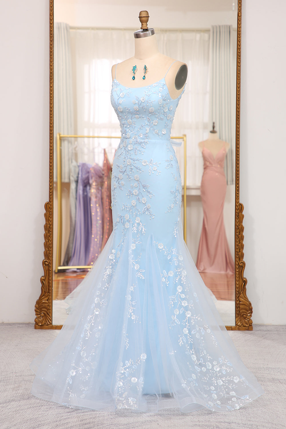 Mermaid Spaghetti Straps Long Prom Dress With Appliques Light Blue Beautiful