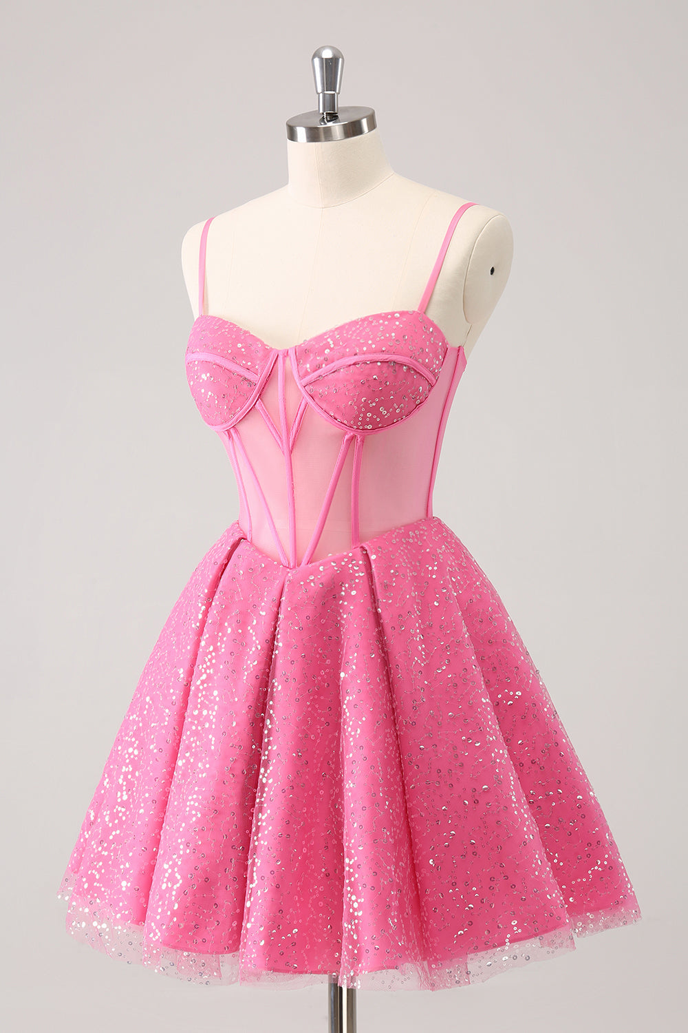Sparkly Cute Pink Spaghetti Straps A Line Corset Short Homecoming Dress with Sequins Sexy