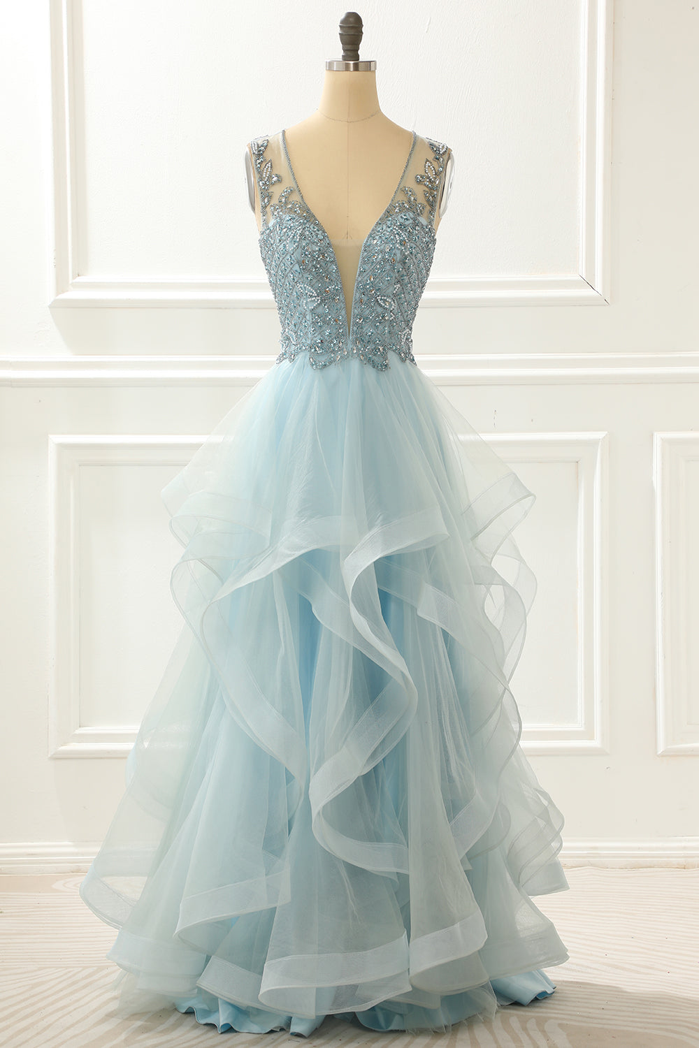 A Line Light Blue Beading Prom Dress With Appliques V-neck Beautiful