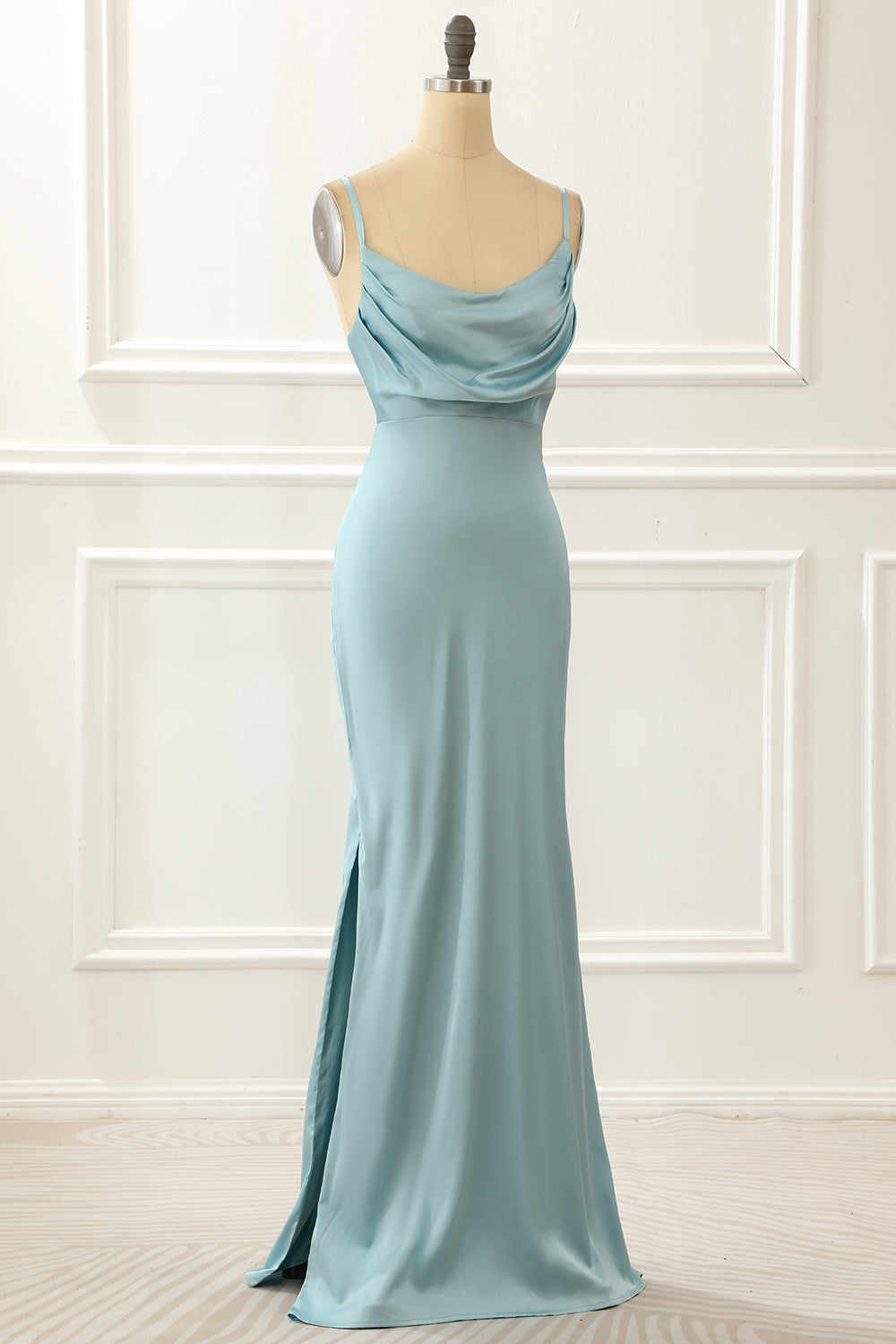 Satin Spaghetti Straps Blue Simple Prom Dress With Slit Party Dress
