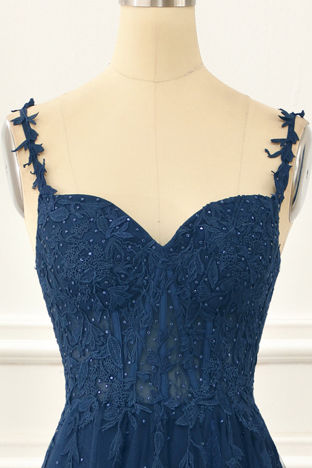 Navy Tulle A Line Corset Prom Dress With Appliques Beautiful
