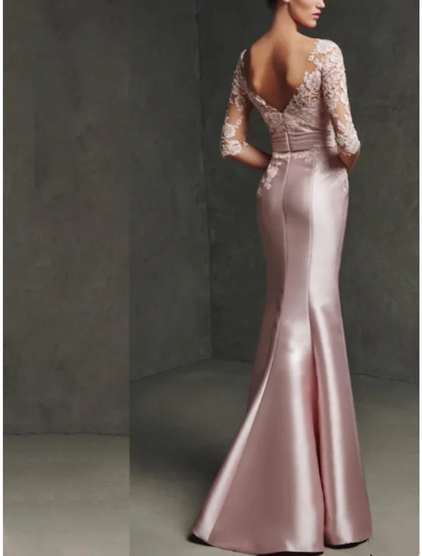 Mermaid / Trumpet Mother of the Bride Dress Formal Elegant Party Scoop Neck Floor Length Satin Lace 3/4 Length Sleeve with Pleats Split