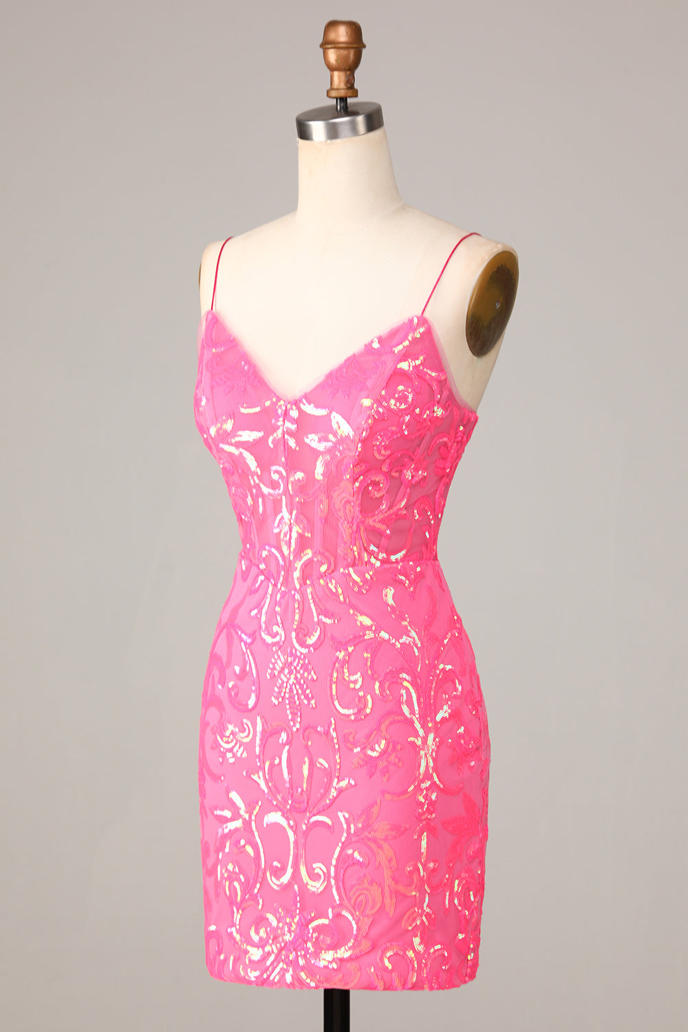 Amazing Sheath Fuchsia Spaghetti Straps Sequins Homecoming Dress Short