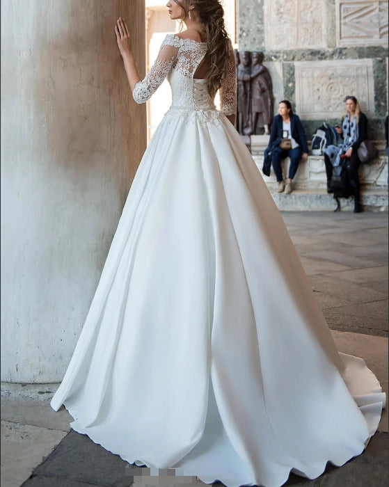 Off-The-Shoulder Ball-Gown Wedding Dresses With Sleeves Floor Length Elegant