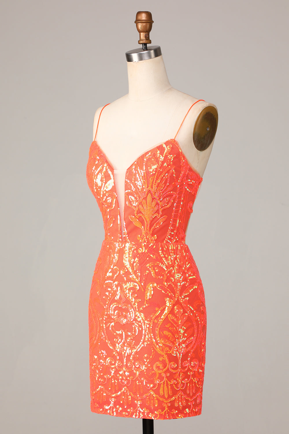 Sparkly Orange Bodycon Spaghetti Straps Sequins Short Homecoming Dress Sexy