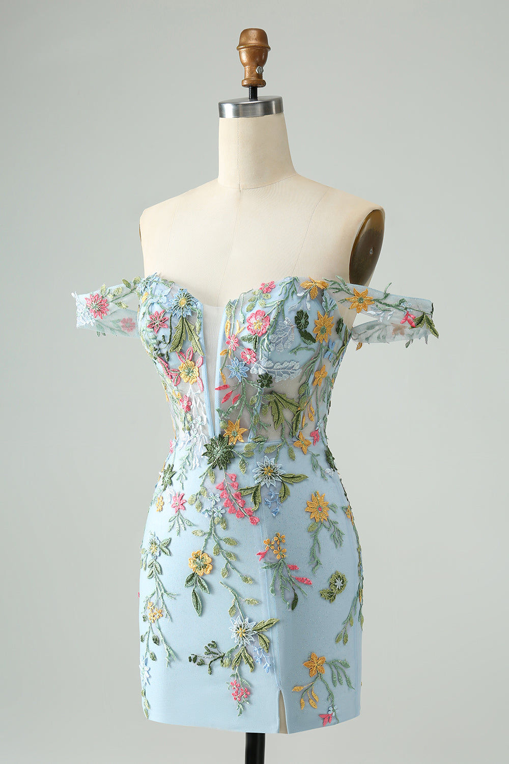 Blue Flower Mermaid Off The Shoulder Corset Short Homecoming Dress with Embroidery Beautiful