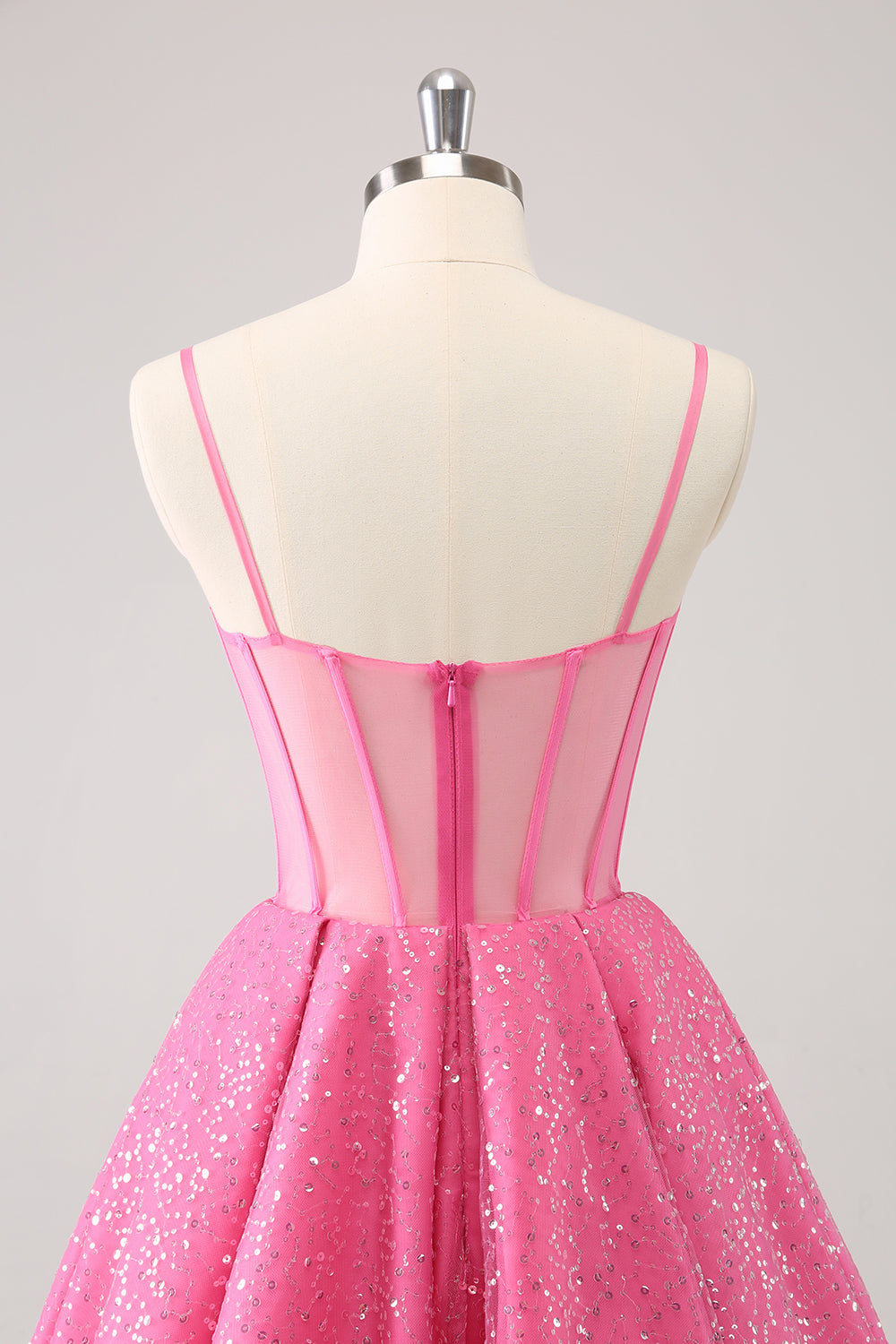 Sparkly Cute Pink Spaghetti Straps A Line Corset Short Homecoming Dress with Sequins Sexy