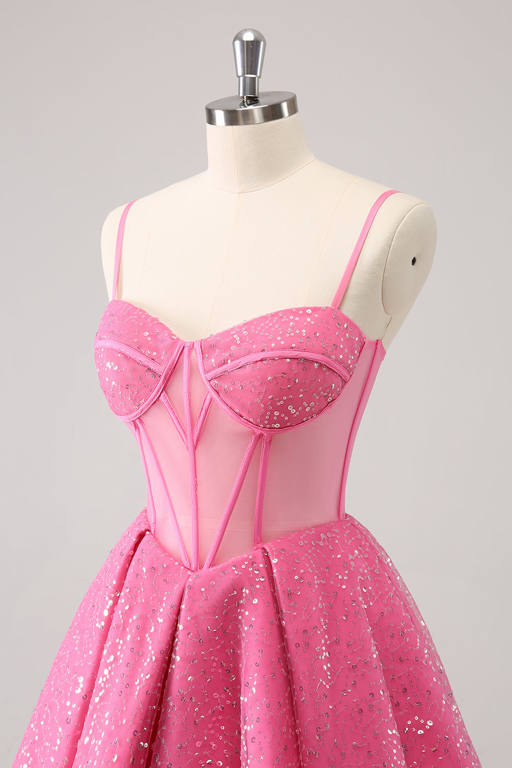 Sparkly Cute Pink Spaghetti Straps A Line Corset Short Homecoming Dress with Sequins Sexy