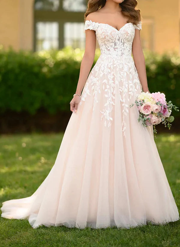 Elegant A Line Off-The-Shoulder Lace Tulle Sweep Train Wedding Dress With Appliques