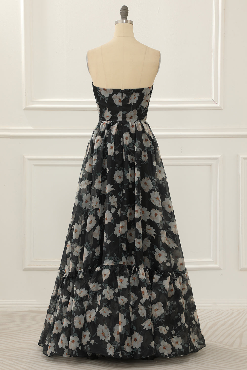 Black Print Off Shoulder A Line Prom Dress With Ruffles Floor Length Beautiful