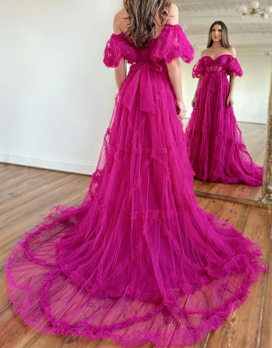 A Line Tulle Sweetheart Cute Prom Dress with Sleeves