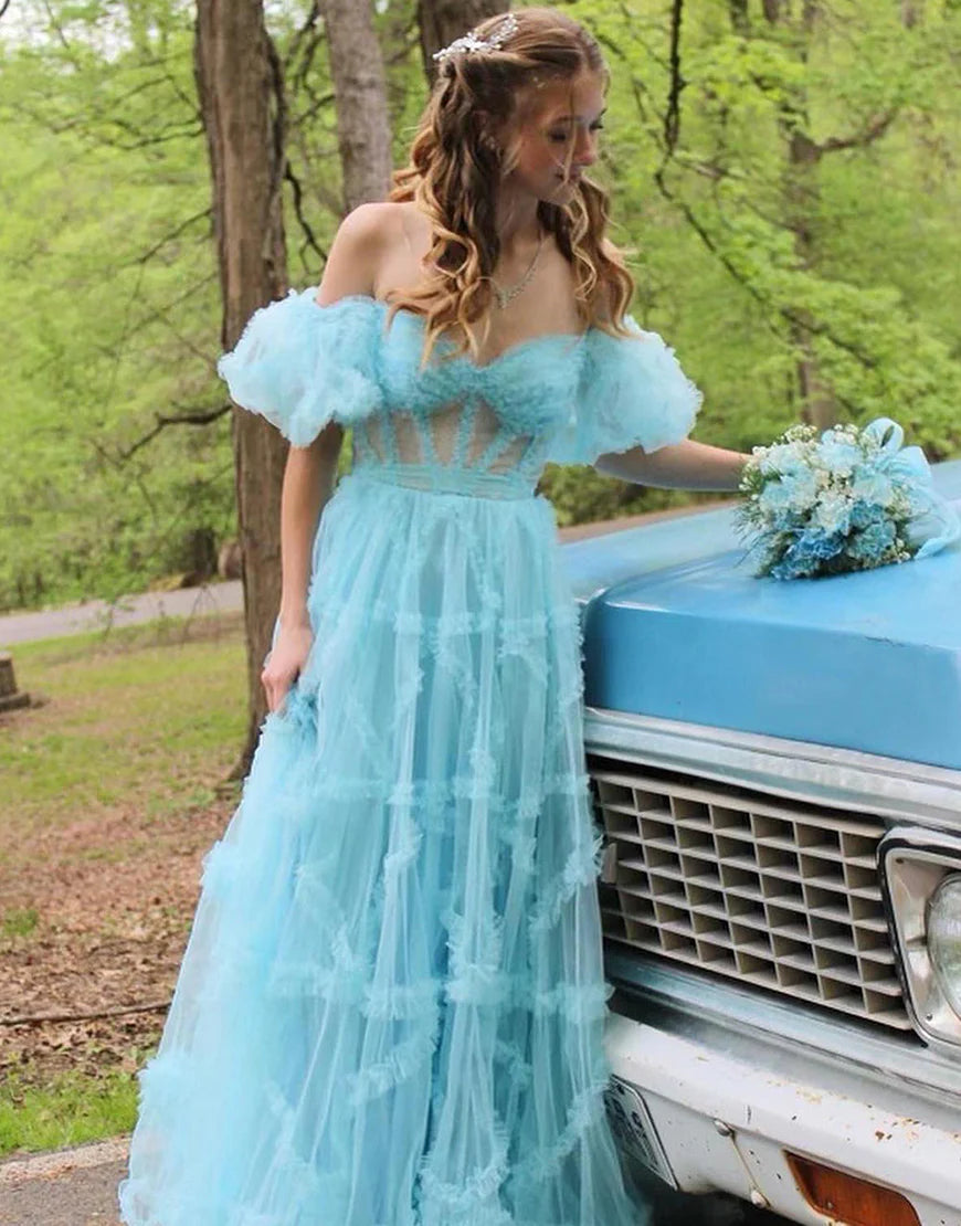 A Line Tulle Sweetheart Cute Prom Dress with Sleeves