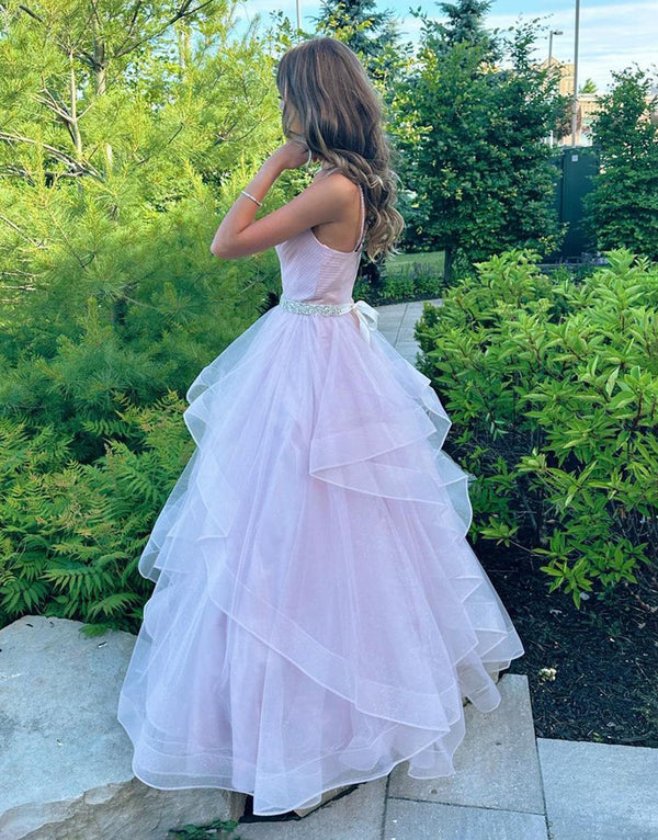 A-Line V-Neck Ruffled Tulle Prom Dress With Belt Floor Length Beautiful