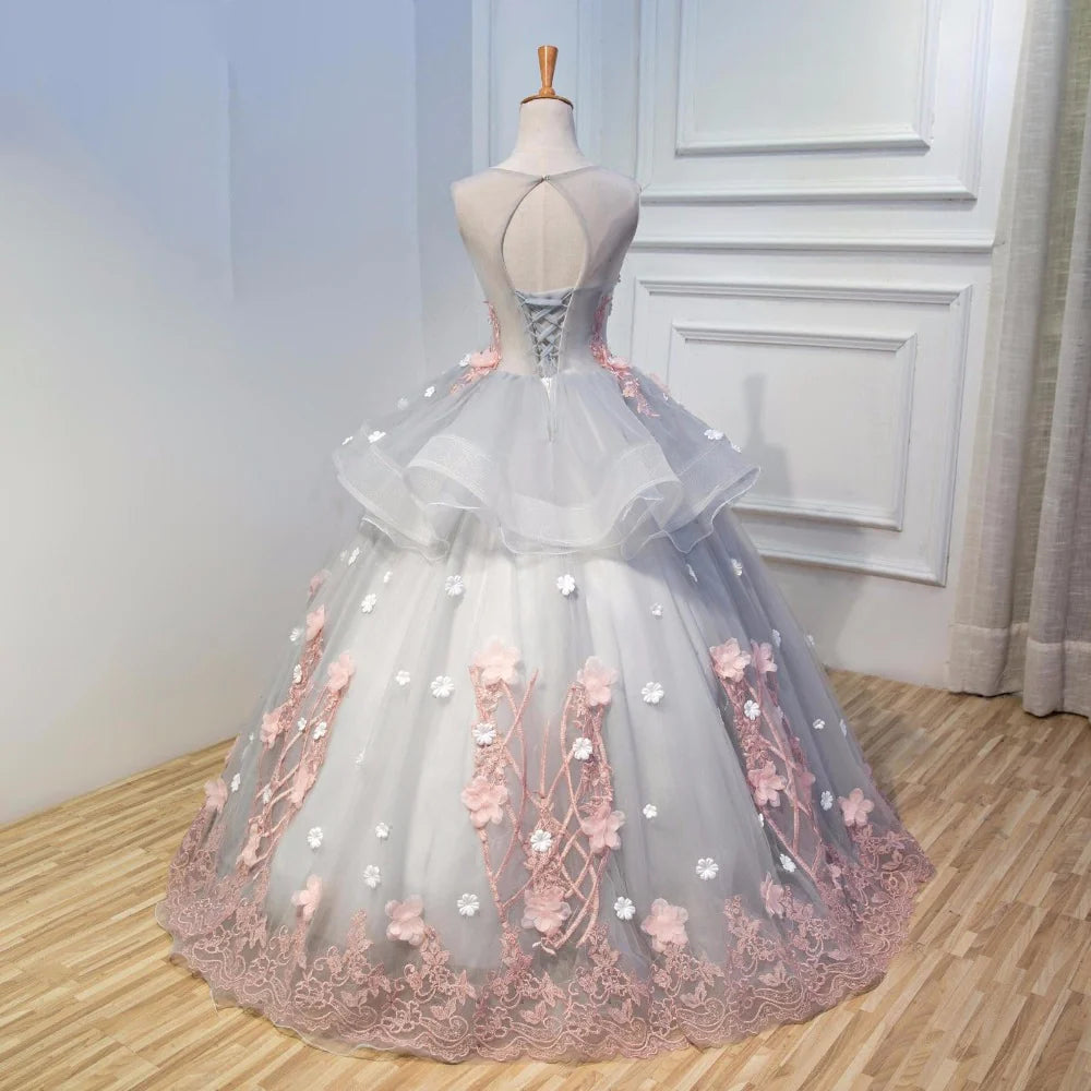 Ball Gown Quinceanera Dress Gorgeous Grey Tulle Long Prom Gown With  Appliques