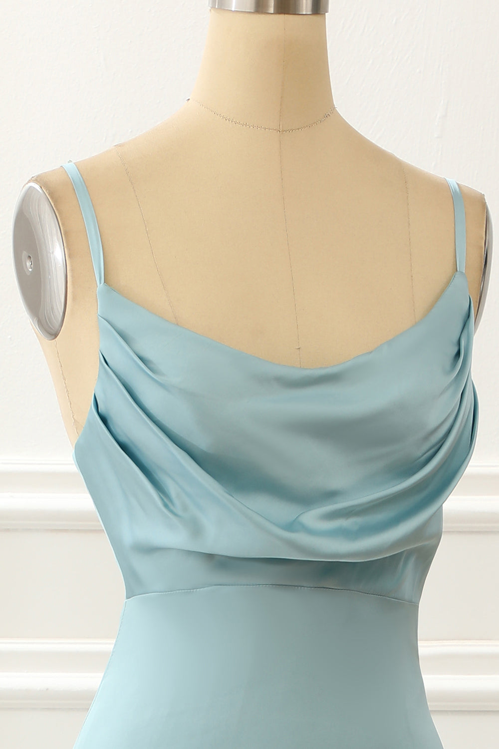 Satin Spaghetti Straps Blue Simple Prom Dress With Slit Party Dress