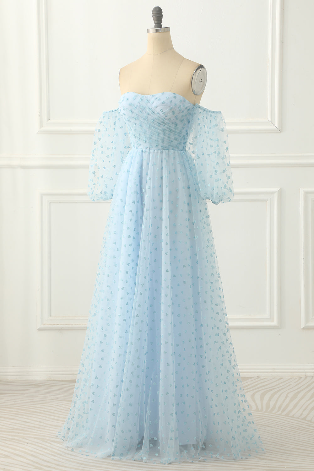Sky Blue Tulle Off The Shoulder Long Prom Dress Floor Length Beautiful