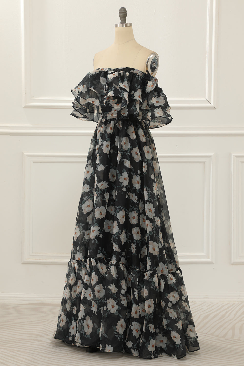 Black Print Off Shoulder A Line Prom Dress With Ruffles Floor Length Beautiful