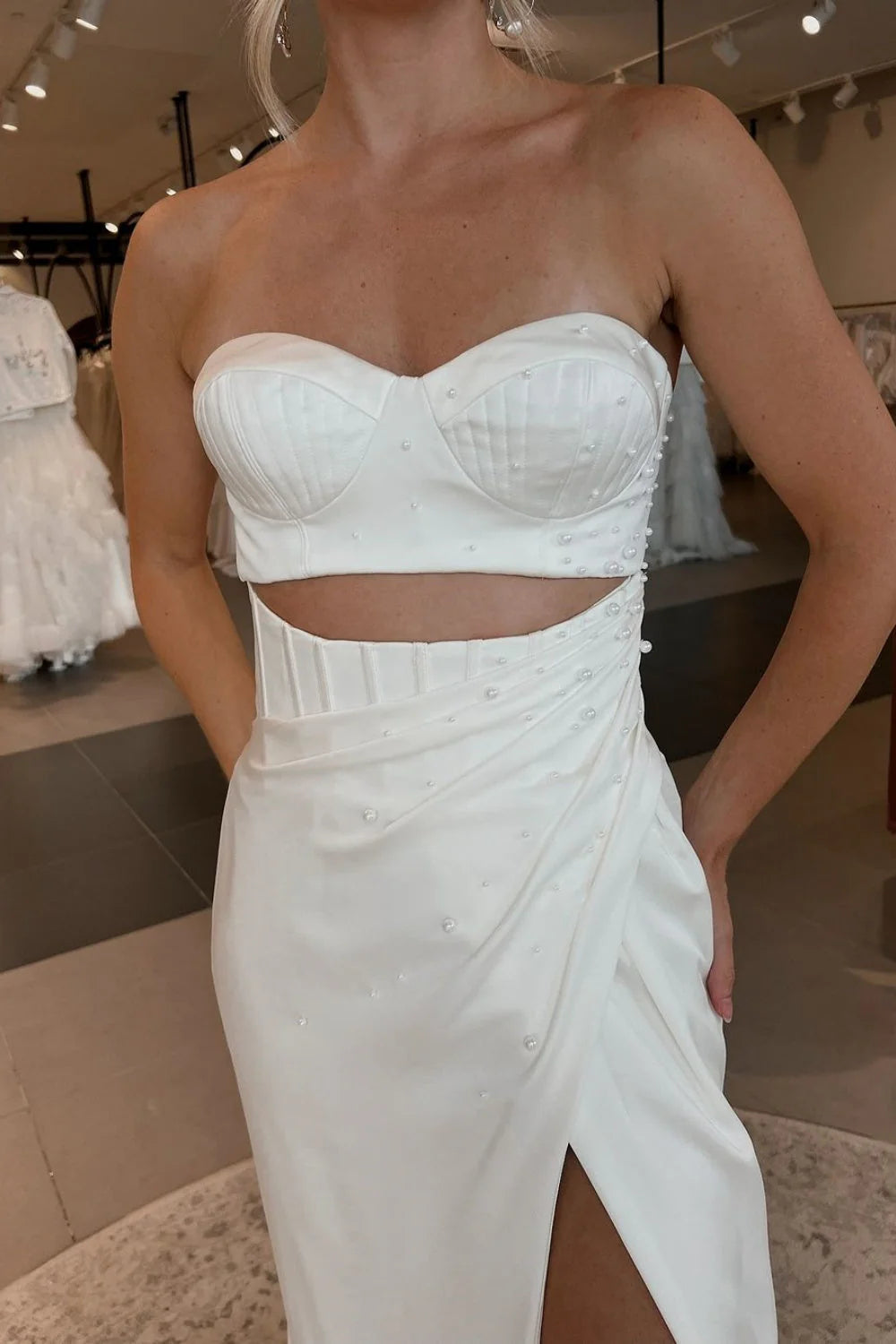 Sweetheart Strapless Wedding Dresses Sheath/Column Cut Out Bridal Dress Formal Dress With Slit