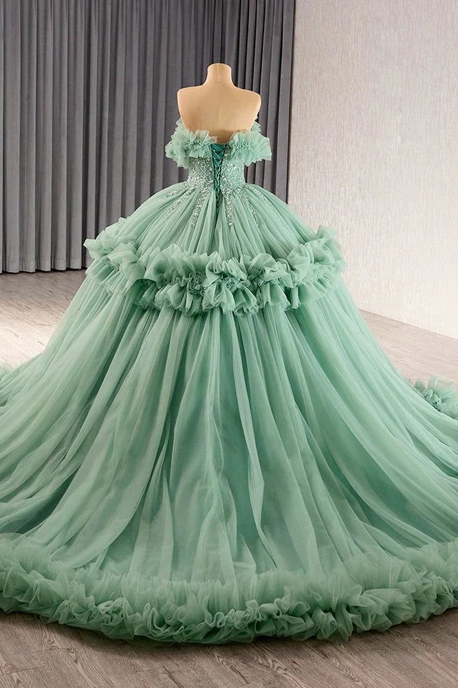 Elegant Green Off The Shoulder Evening Dress Ball Gown Beaded Prom Dress Charming Quinceanera Dress