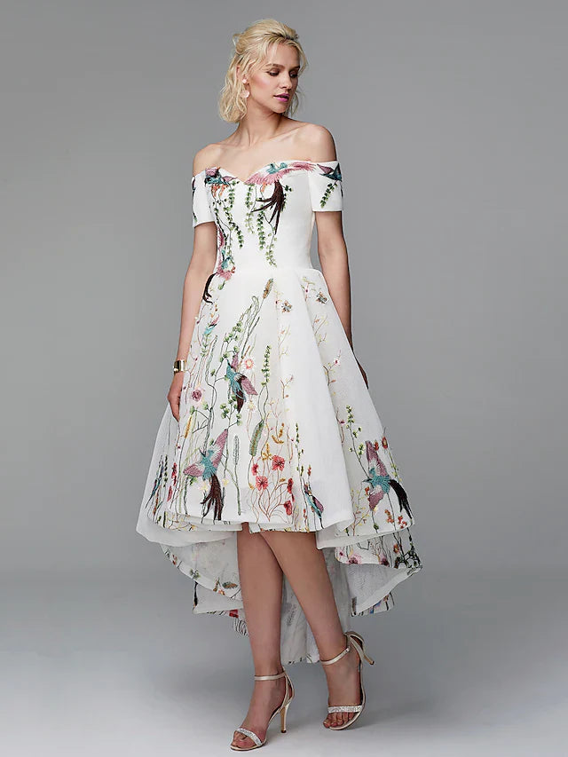 Ball Gown Elegant Floral High Low Cocktail Party Prom Valentine's Day Dress Off Shoulder Short Sleeve Asymmetrical Polyester with Embroidery