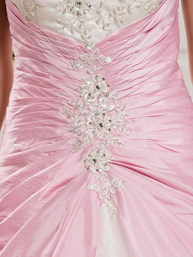 Ball Gown Wedding Dresses Strapless Chapel Train Organza Taffeta Strapless Wedding Dress in Color with Ruched Beading Appliques