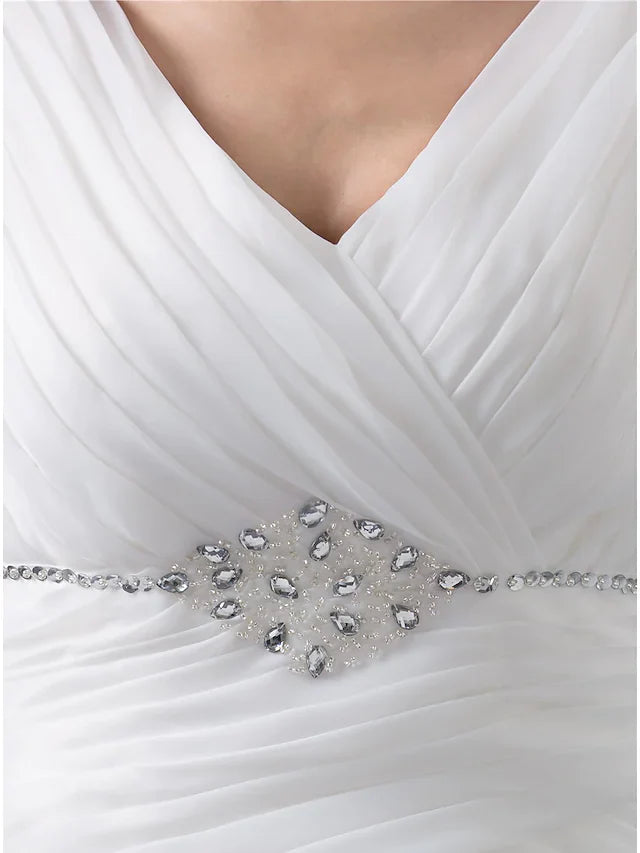 Wedding Dresses V Neck Chapel Train Organza Regular Straps with Ruched Beading Cascading Ruffles