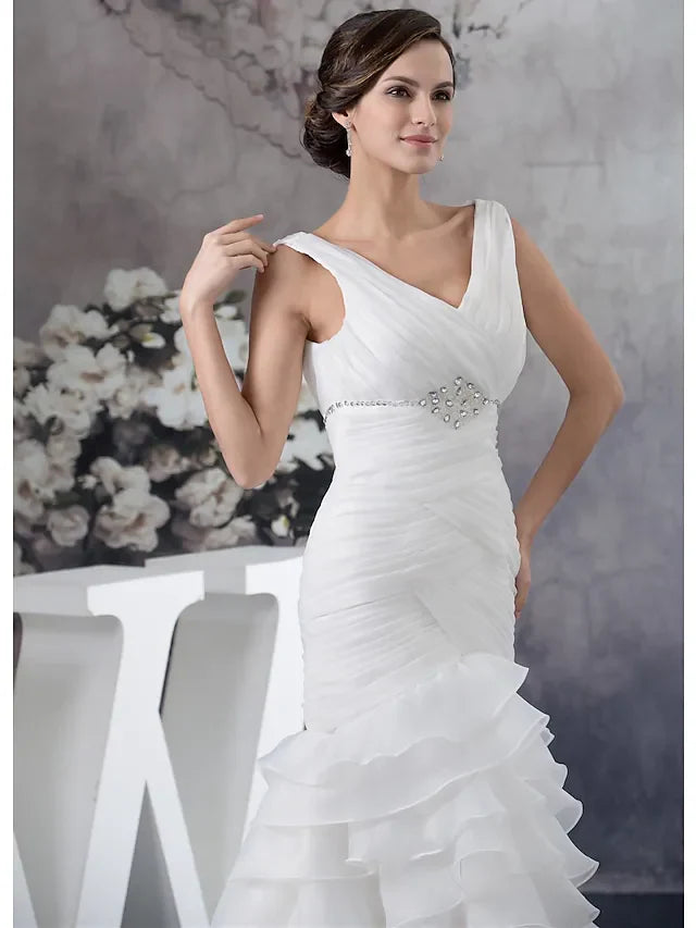 Wedding Dresses V Neck Chapel Train Organza Regular Straps with Ruched Beading Cascading Ruffles