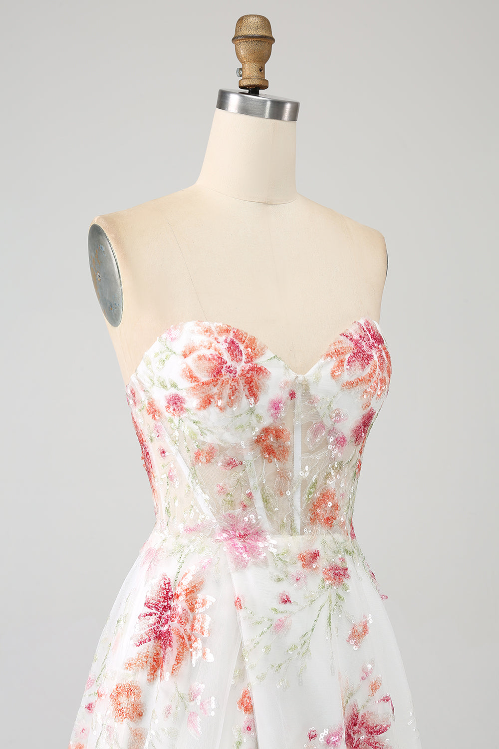 Ivory Flower Embroidered Long Corset Prom Dress with Slit Beautiful