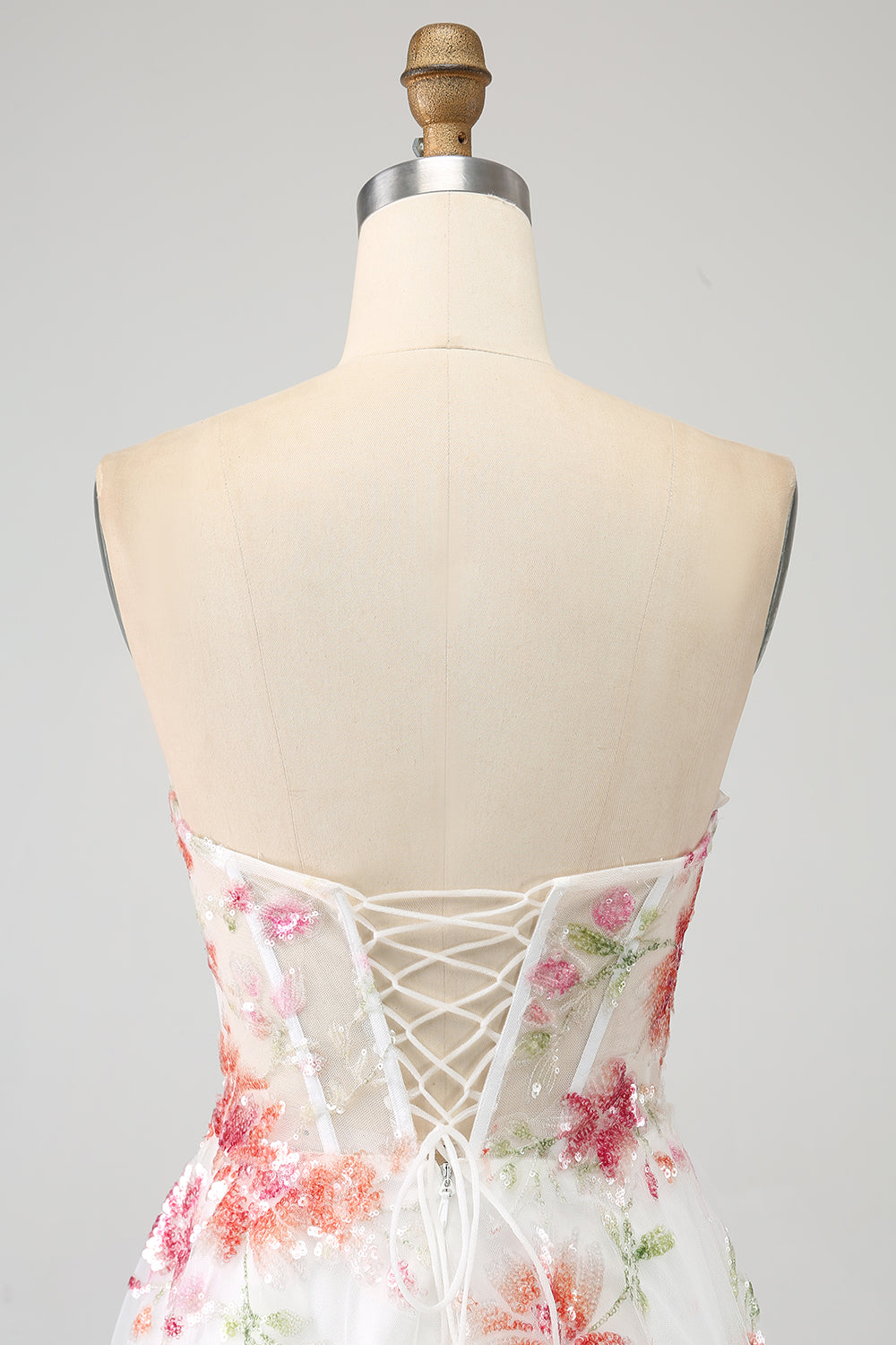 Ivory Flower Embroidered Long Corset Prom Dress with Slit Beautiful