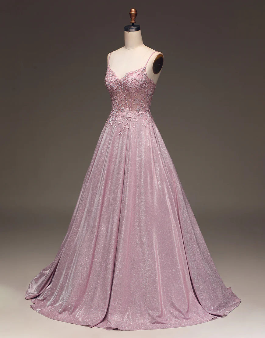 A Line Spaghetti Straps Blush Prom Dress with Appliques