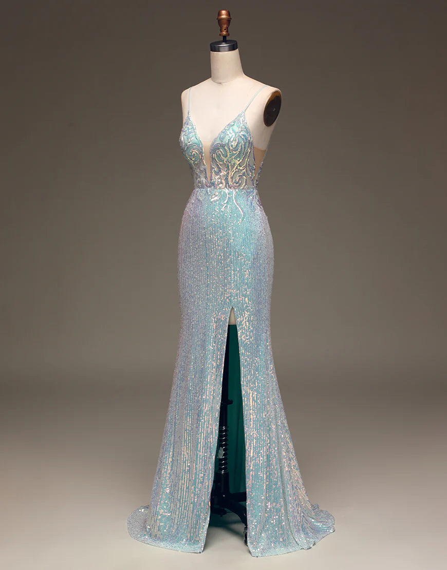 Mermaid  Sleek Glittering Sparkle Sequins Grey Blue Long Prom Dress with Silt