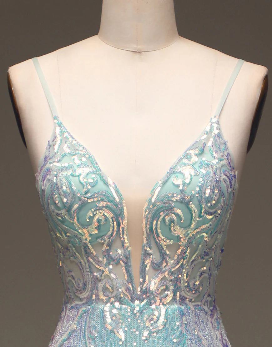 Mermaid  Sleek Glittering Sparkle Sequins Grey Blue Long Prom Dress with Silt